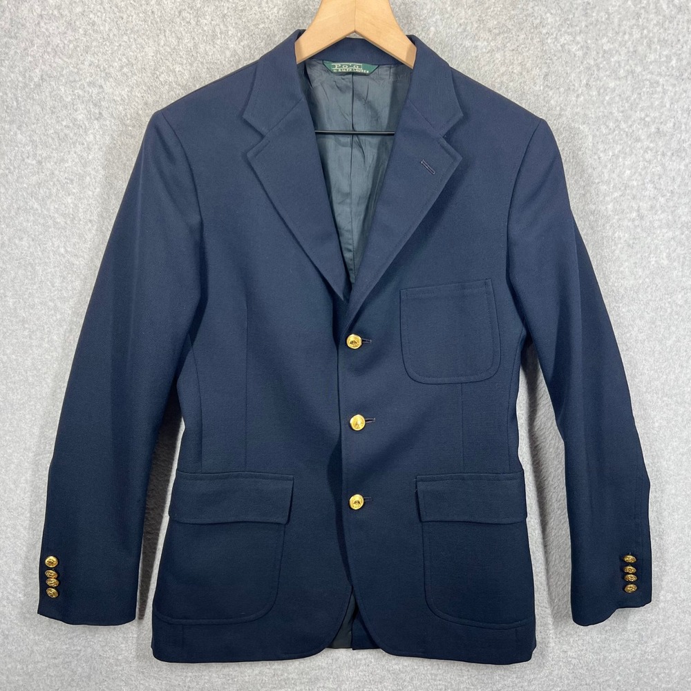 Polo Ralph Lauren Blazer Boys 20 Navy Blue Gold Button Hopsack Wool Prep Vintage